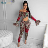 HAOYUAN Sexy Leopard Print Two Piece Set Romper Flare Sleeve One Shoulder Crop Top+Bodycon Pants Fall Women Clothes Club Outfits