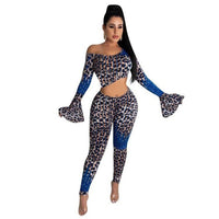 HAOYUAN Sexy Leopard Print Two Piece Set Romper Flare Sleeve One Shoulder Crop Top+Bodycon Pants Fall Women Clothes Club Outfits