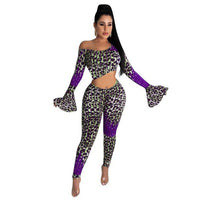 HAOYUAN Sexy Leopard Print Two Piece Set Romper Flare Sleeve One Shoulder Crop Top+Bodycon Pants Fall Women Clothes Club Outfits
