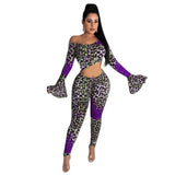 HAOYUAN Sexy Leopard Print Two Piece Set Romper Flare Sleeve One Shoulder Crop Top+Bodycon Pants Fall Women Clothes Club Outfits