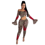 HAOYUAN Sexy Leopard Print Two Piece Set Romper Flare Sleeve One Shoulder Crop Top+Bodycon Pants Fall Women Clothes Club Outfits