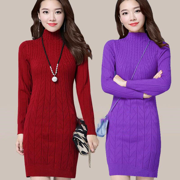 Woman Plus Size Casual Mid-length Knit Sweater Solid Color Bottoming  Versatile Thick Sweater Slim Lady Dress Autumn Winter New