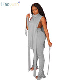 HAOYUAN Sexy Two Piece Set Jumpsuit Bandage Sleeveless Long Top+Stacked Leggings Tracksuit Fall Clothing for Women Matching Sets