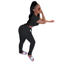 HAOYUAN Sexy Two Piece Set Jumpsuit Short Sleeve Crop Top+Stacked Leggings Tracksuit Streetwear Fall Clothing Matching Sets
