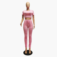 HAOYUAN Sexy Two Piece Set Jumpsuit Short Sleeve Crop Top+Stacked Leggings Tracksuit Streetwear Fall Clothing Matching Sets