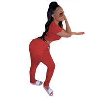 HAOYUAN Sexy Two Piece Set Jumpsuit Short Sleeve Crop Top+Stacked Leggings Tracksuit Streetwear Fall Clothing Matching Sets