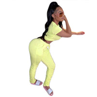 HAOYUAN Sexy Two Piece Set Jumpsuit Short Sleeve Crop Top+Stacked Leggings Tracksuit Streetwear Fall Clothing Matching Sets