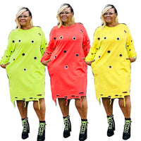 Plus Size Clothing for Women XL-4XL Long Sleeve Dress Hollow Out Streetwear Crew Neck Casual Loose Dress Wholesale Dropshipping