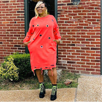 Plus Size Clothing for Women XL-4XL Long Sleeve Dress Hollow Out Streetwear Crew Neck Casual Loose Dress Wholesale Dropshipping