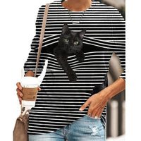 Striped Cat Print Fashion Casual Long-sleeved T-Shirt Retro Classic Black White Striped O-Neck Pullover Tops Women Street Tshirt