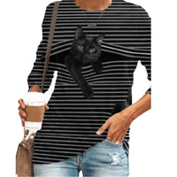 Striped Cat Print Fashion Casual Long-sleeved T-Shirt Retro Classic Black White Striped O-Neck Pullover Tops Women Street Tshirt