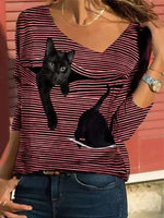 Striped Cat Print Fashion Casual Long-sleeved T-Shirt Retro Classic Black White Striped O-Neck Pullover Tops Women Street Tshirt