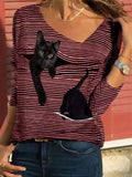 Striped Cat Print Fashion Casual Long-sleeved T-Shirt Retro Classic Black White Striped O-Neck Pullover Tops Women Street Tshirt