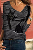Striped Cat Print Fashion Casual Long-sleeved T-Shirt Retro Classic Black White Striped O-Neck Pullover Tops Women Street Tshirt