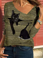 Striped Cat Print Fashion Casual Long-sleeved T-Shirt Retro Classic Black White Striped O-Neck Pullover Tops Women Street Tshirt