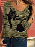 Striped Cat Print Fashion Casual Long-sleeved T-Shirt Retro Classic Black White Striped O-Neck Pullover Tops Women Street Tshirt