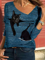 Striped Cat Print Fashion Casual Long-sleeved T-Shirt Retro Classic Black White Striped O-Neck Pullover Tops Women Street Tshirt