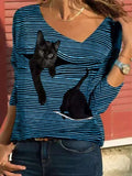 Striped Cat Print Fashion Casual Long-sleeved T-Shirt Retro Classic Black White Striped O-Neck Pullover Tops Women Street Tshirt