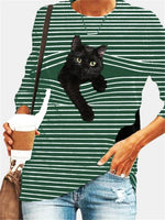 Striped Cat Print Fashion Casual Long-sleeved T-Shirt Retro Classic Black White Striped O-Neck Pullover Tops Women Street Tshirt