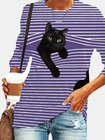 Striped Cat Print Fashion Casual Long-sleeved T-Shirt Retro Classic Black White Striped O-Neck Pullover Tops Women Street Tshirt
