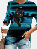 Striped Cat Print Fashion Casual Long-sleeved T-Shirt Retro Classic Black White Striped O-Neck Pullover Tops Women Street Tshirt