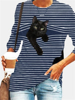 Striped Cat Print Fashion Casual Long-sleeved T-Shirt Retro Classic Black White Striped O-Neck Pullover Tops Women Street Tshirt