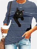 Striped Cat Print Fashion Casual Long-sleeved T-Shirt Retro Classic Black White Striped O-Neck Pullover Tops Women Street Tshirt