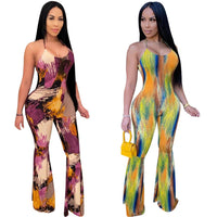 Backless Halter Jumpsuit Rompers One-piece Clubwear 2021 Sexy Women Deep V-neck Off Shoulder Streetwear Bodycon printed Jumpsuit