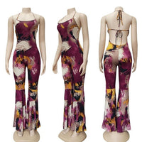 Backless Halter Jumpsuit Rompers One-piece Clubwear 2021 Sexy Women Deep V-neck Off Shoulder Streetwear Bodycon printed Jumpsuit