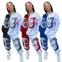 Two Piece Oufits Women Plus Size Clothing S-4XL Sweatshirt Stacked Sweatpants Butterfly print Patchwork Wholesale Dropshipping