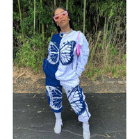 Two Piece Oufits Women Plus Size Clothing S-4XL Sweatshirt Stacked Sweatpants Butterfly print Patchwork Wholesale Dropshipping