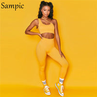 Sampic 2021 Sexy Casual Women Sport Tie dye Yellow Set Summer Tops And Bodycon Biker Pants Two Piece Sets Tracksuit Outfits