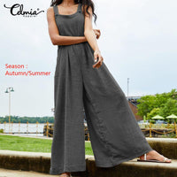 Oversized Women Wide Leg Pants Celmia 2021 Summer Retro Jumpsuits Sleeveless Straps Overalls Female Casual Loose Solid Rompers