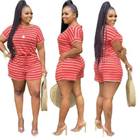 HAOYUAN Striped Plus Size Two Piece Set Women Tracksuits Summer Outfits Top Biker Shorts Sweat Suits Lounge wear Matching Sets