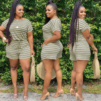 HAOYUAN Striped Plus Size Two Piece Set Women Tracksuits Summer Outfits Top Biker Shorts Sweat Suits Lounge wear Matching Sets