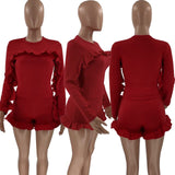 HAOYUAN Two Piece Set for Women Tracksuit Long Sleeve Ruffles Top Biker Shorts Sweta Suits Club Outfits Loungewear Matching Sets