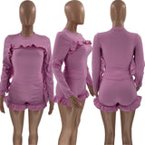 HAOYUAN Two Piece Set for Women Tracksuit Long Sleeve Ruffles Top Biker Shorts Sweta Suits Club Outfits Loungewear Matching Sets