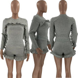 HAOYUAN Two Piece Set for Women Tracksuit Long Sleeve Ruffles Top Biker Shorts Sweta Suits Club Outfits Loungewear Matching Sets
