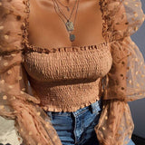 Summer Polka Dot Crop Top Women Vintage Shirts Puff Sleeve Sexy Square Neck Slim See-through Blouse Tank Tops Clubwear Clothing