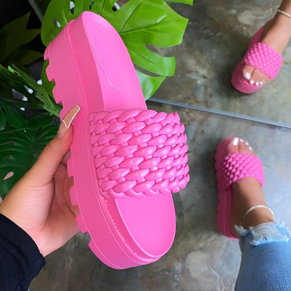 2021 Summer Sandals Open Toe Mid Heel Fashion Woven Slippers Solid Color Outdoor Women's Shoes Plus Size 43