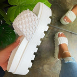 2021 Summer Sandals Open Toe Mid Heel Fashion Woven Slippers Solid Color Outdoor Women's Shoes Plus Size 43