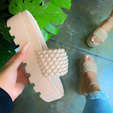 2021 Summer Sandals Open Toe Mid Heel Fashion Woven Slippers Solid Color Outdoor Women's Shoes Plus Size 43