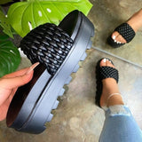 2021 Summer Sandals Open Toe Mid Heel Fashion Woven Slippers Solid Color Outdoor Women's Shoes Plus Size 43