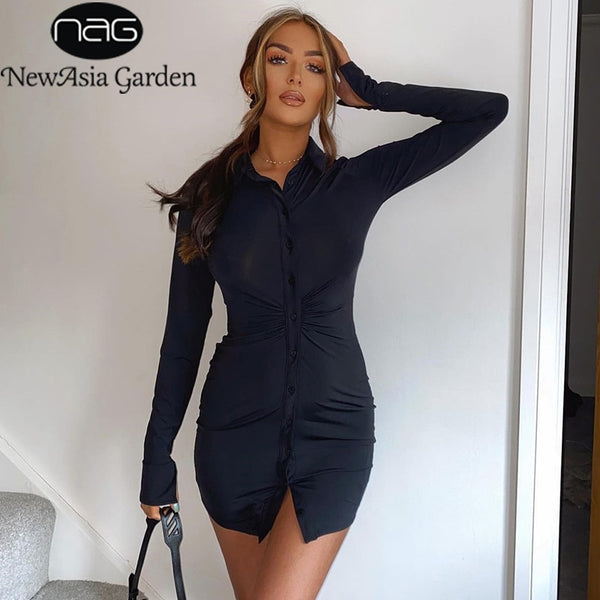 NewAsia Black Shirt Dress Mini Ruched Stretch Single Breasted Fashion Split Long Sleeve Robe Spring Women Casual Party Dresses