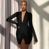 NewAsia Black Shirt Dress Mini Ruched Stretch Single Breasted Fashion Split Long Sleeve Robe Spring Women Casual Party Dresses