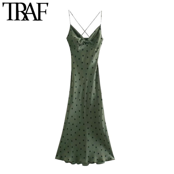 TRAF Women Chic Fashion With Knot Polka Dot Midi Dress Vintage Backless Cross Thin Straps Female Dresses Vestidos Mujer