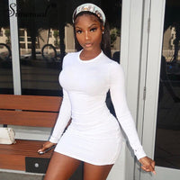 Simenual Long Sleeve Ribbed Bodycon Women Party Dresses Autumn Winter 2021 Fashion Skinny Solid Mini Dress O-Neck Sexy Clubwear