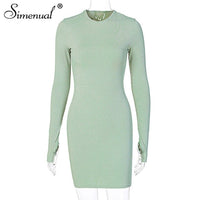 Simenual Long Sleeve Ribbed Bodycon Women Party Dresses Autumn Winter 2021 Fashion Skinny Solid Mini Dress O-Neck Sexy Clubwear