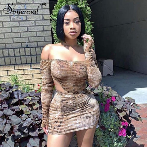 Simenual Sexy Hot Snake Print Matching Set Women Off Shoulder Fashion 2021 Two Piece Outfits Long Sleeve Bodysuit And Skirt Sets