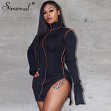Simenual Side Slit Patchwork Women Casual Dresses Long Sleeve Athleisure Fashion 2021 Bodycon Mini Dress Slim Sporty Clothing